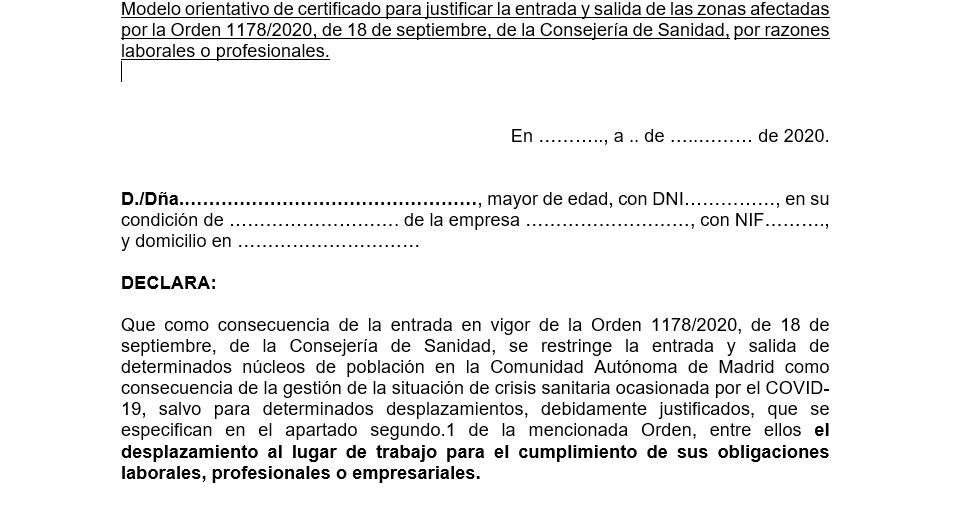 Justificante De Movilidad Covid Para La Comunidad De Madrid Por Motivos Laborales Madrid El Pais